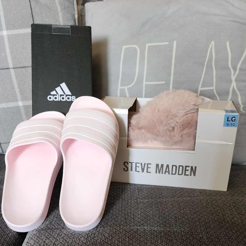 NWT Adidas slide sandals and Steve Madden fuzzy slippers. Both pale pink size 10